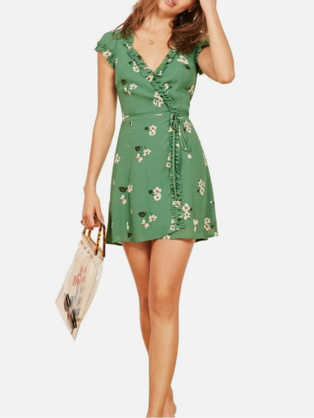 Reformation Green Floral Wrap Mini Dress